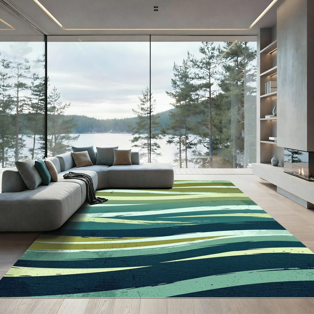 Abstract Teal Olive Wave Layers Rug