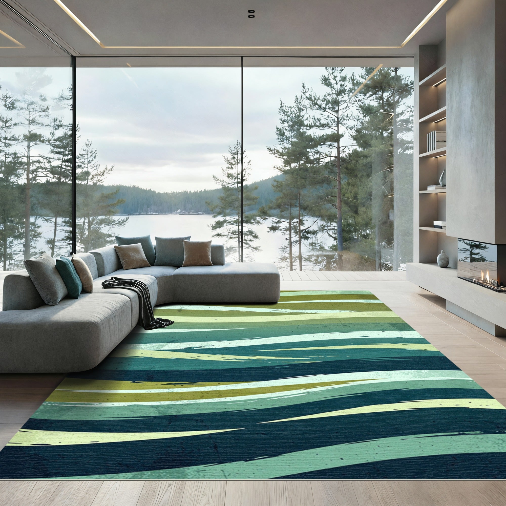 Abstract Teal Olive Wave Layers Rug