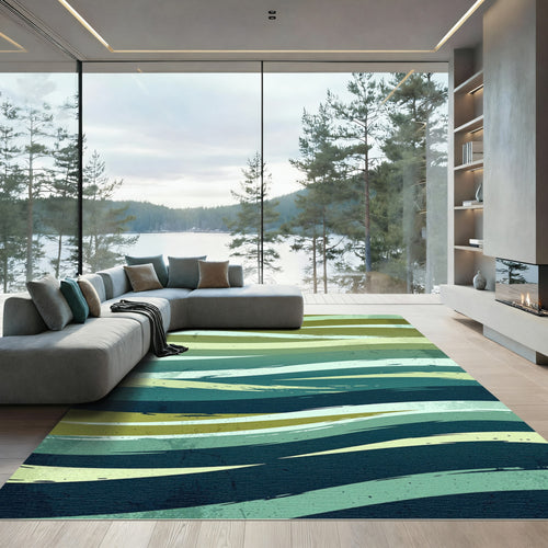 Abstract Teal Olive Wave Layers Rug