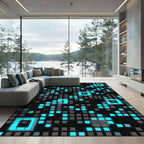 Glowing Neon Pixel Grid Abstract Rug