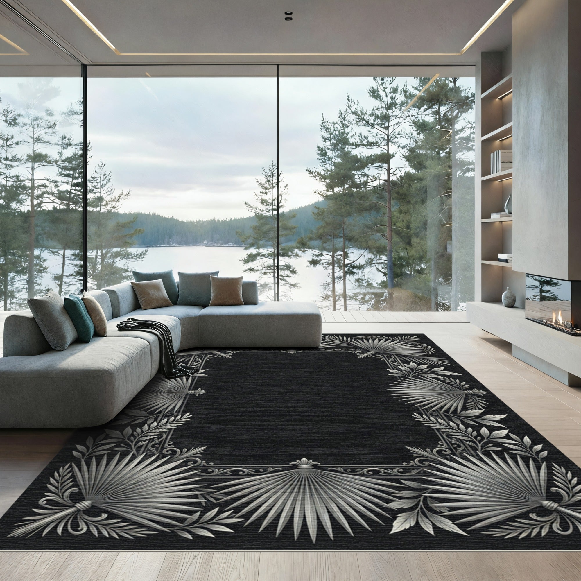 Silver Tropical Fan Leaf Border Rug