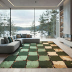 Distressed Green and Beige Mosaic Grid Rug