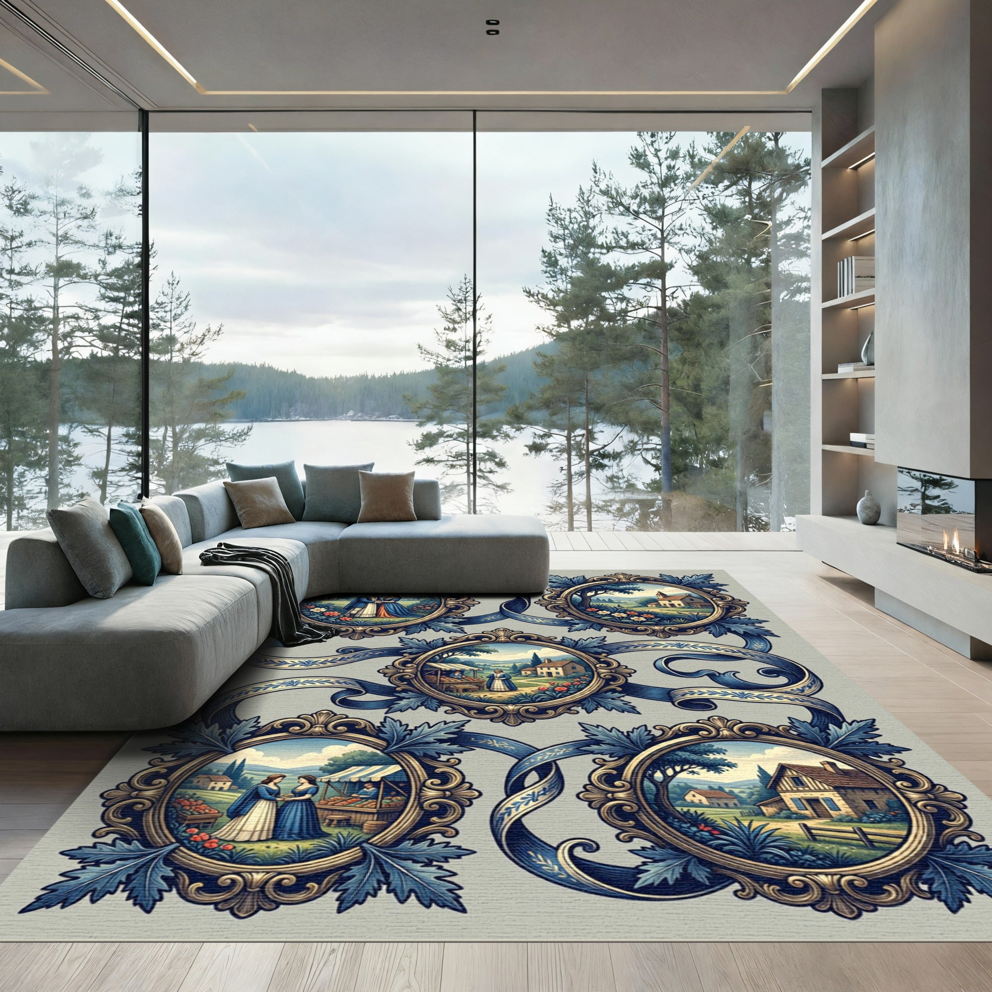 Ornate Blue Ribbon Village Scene Rug