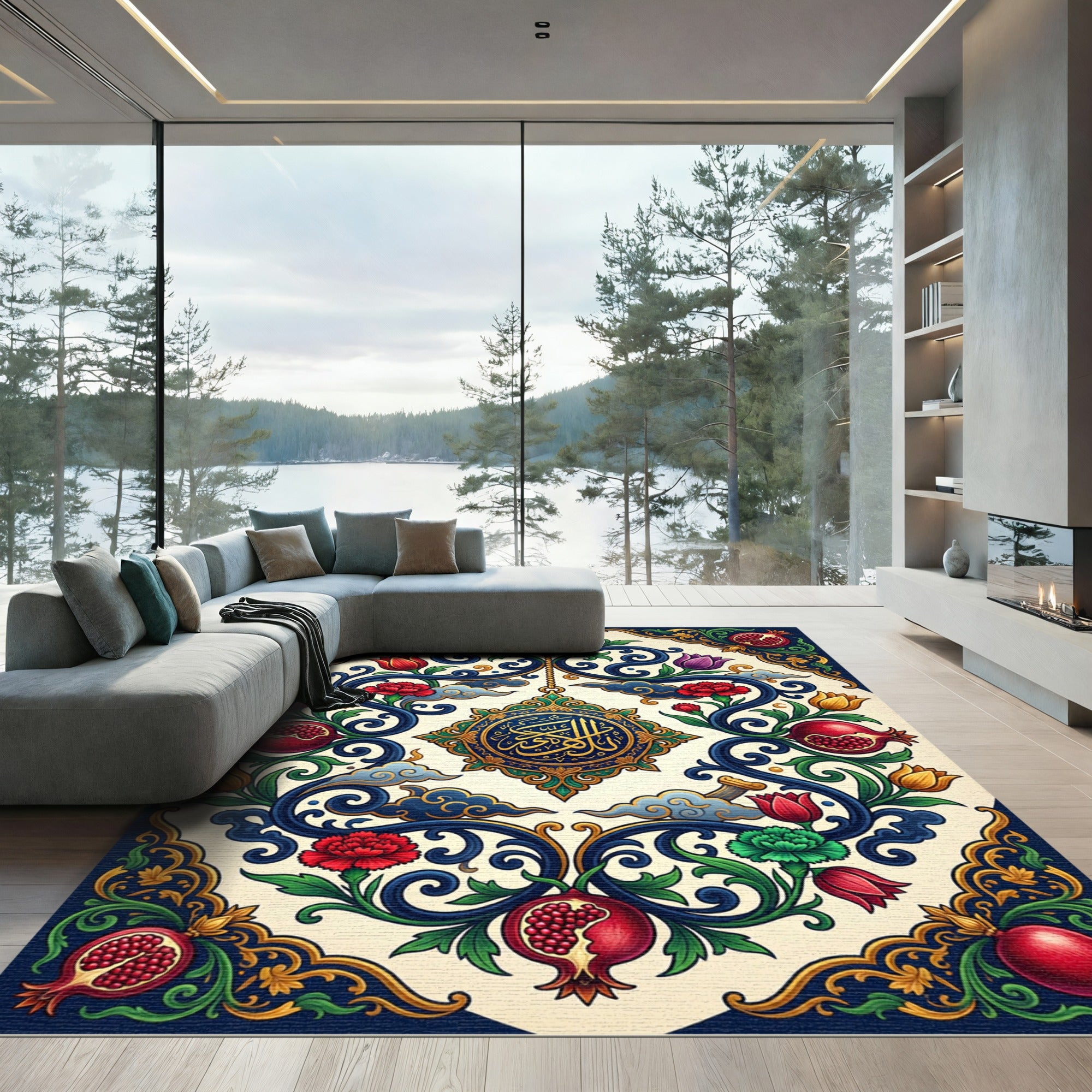 Ornate Pomegranate Floral Scrollwork Rug