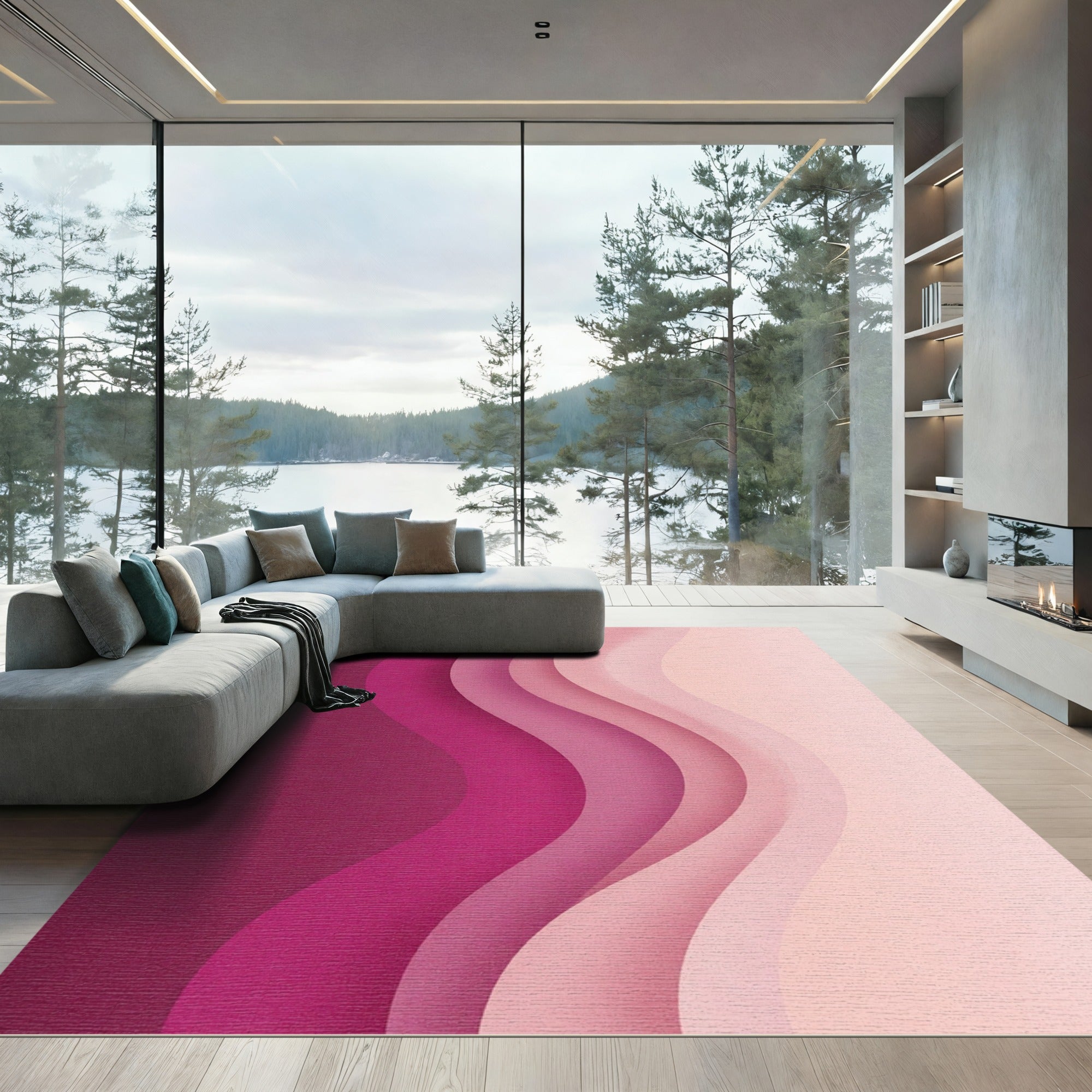 Abstract Pink Ombre Wavy Layered Rug