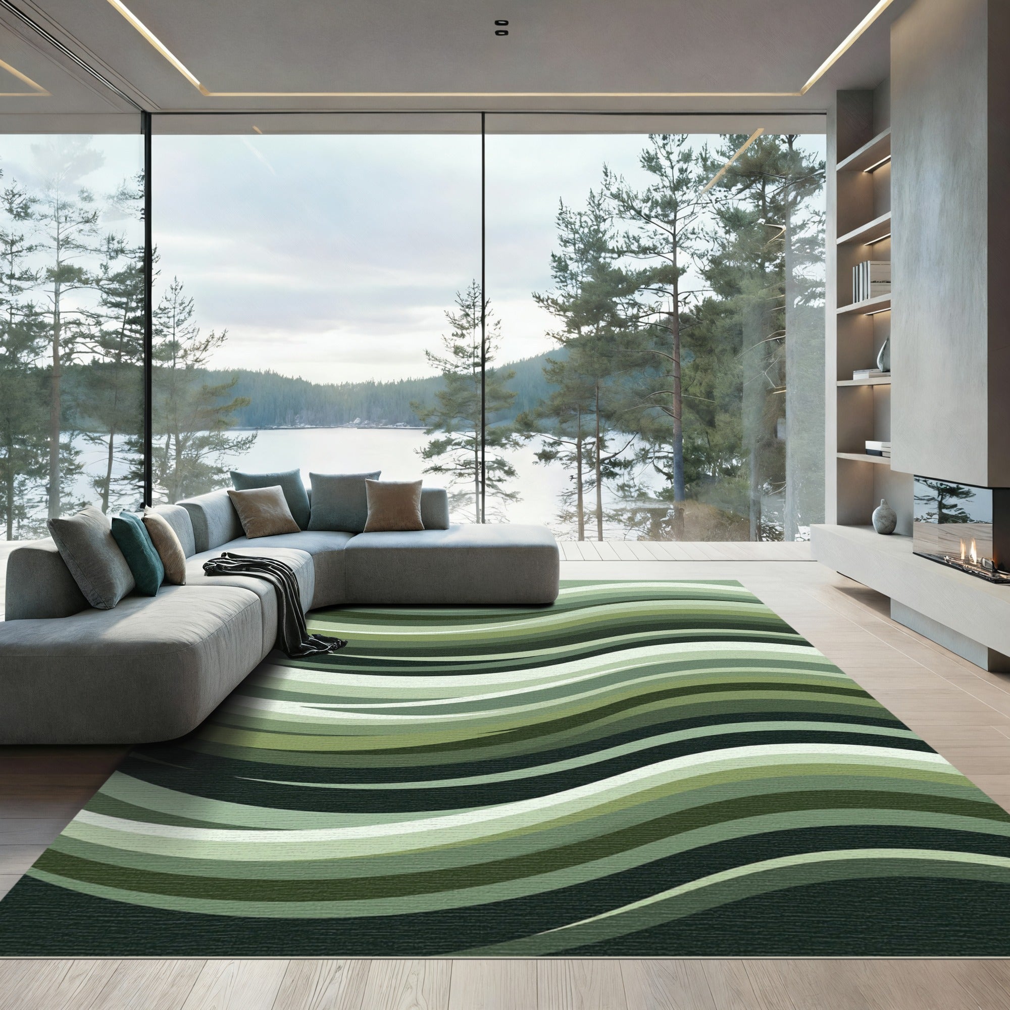 Earthy Green Wavy Stripe Rug