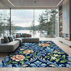 Elegant Navy Blue Peony Damask Rug
