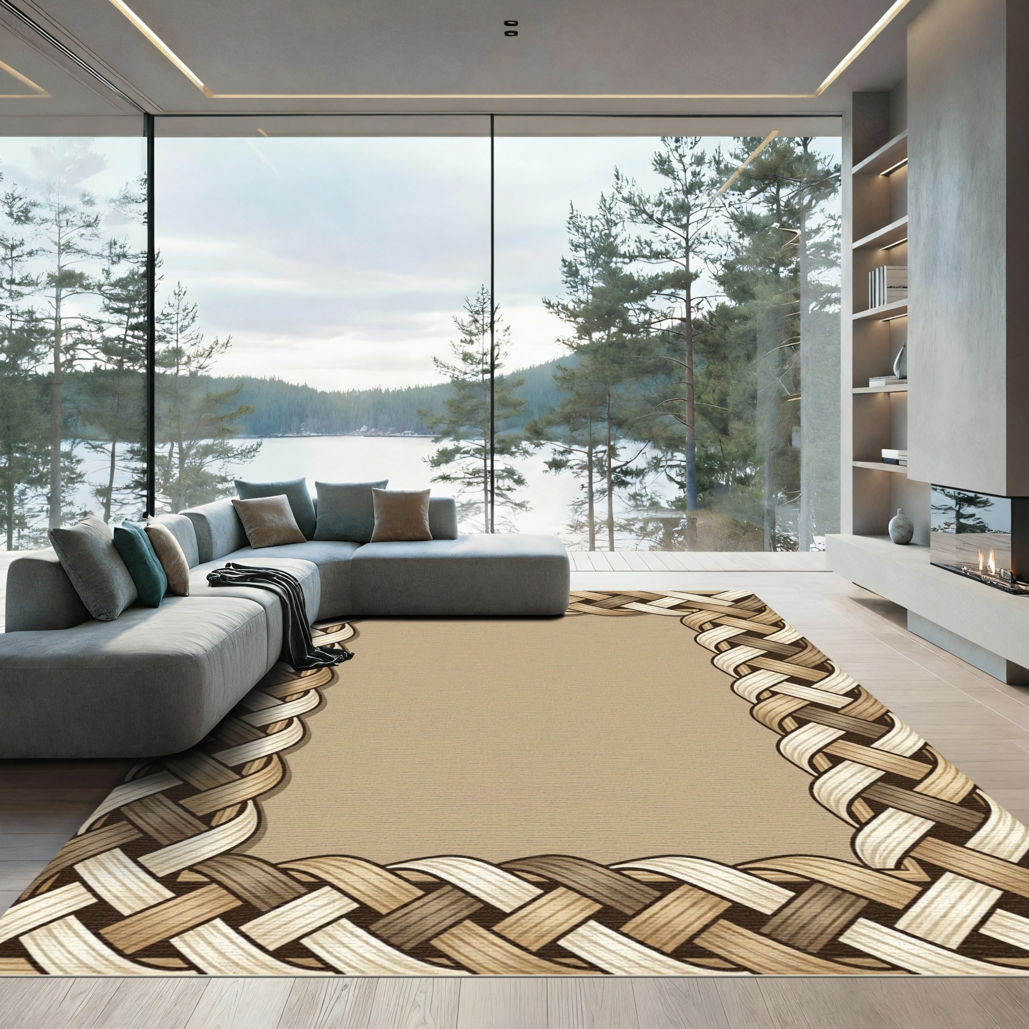 Woven Texture Beige Tan Braid Border Rug
