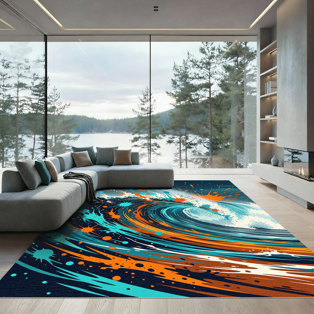 Vibrant Orange and Teal Abstract Wave Rug