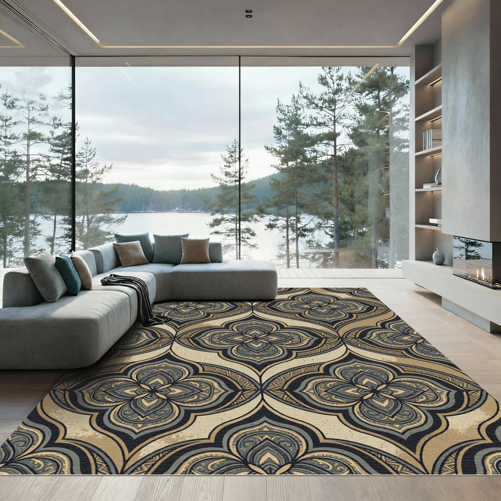 Ornate Midnight Gold Damask Medallion Rug
