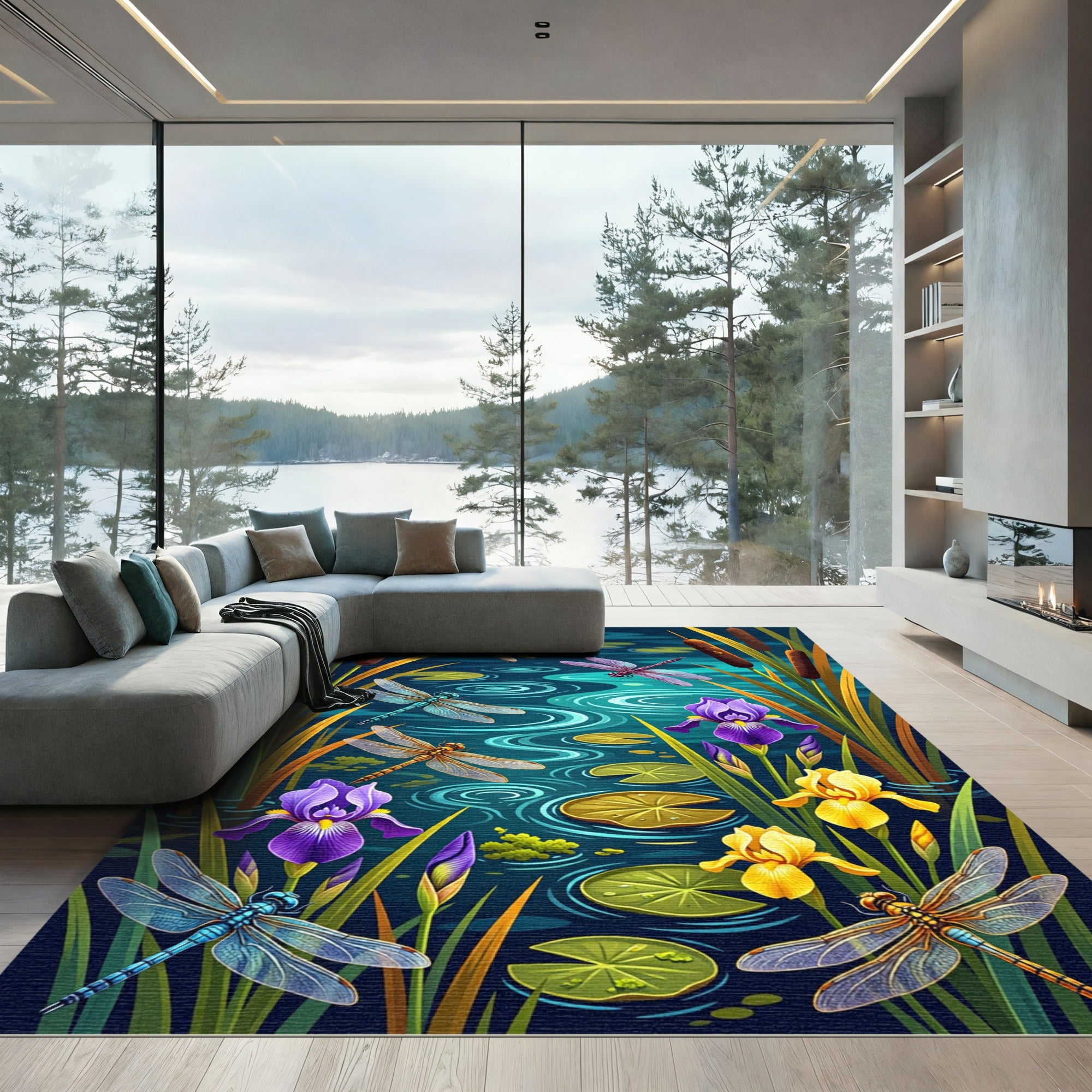 Vibrant Dragonfly and Iris Pond Scene Rug