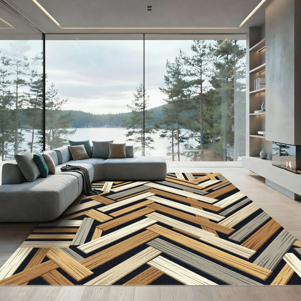 Textured Earth Tone Herringbone Plank Rug