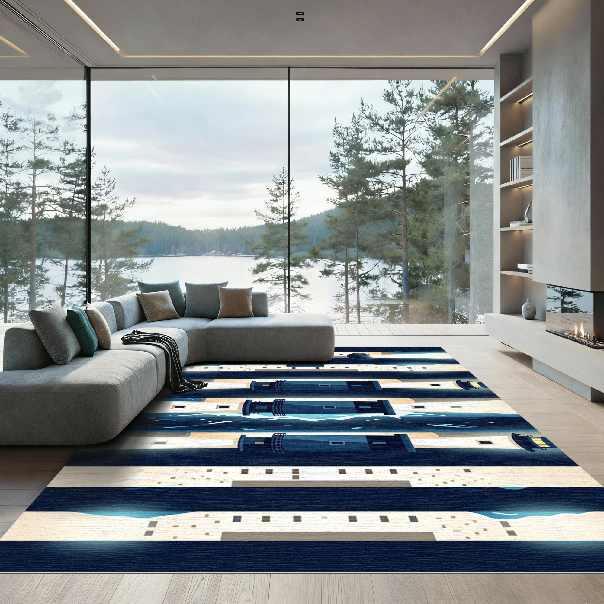 Modern Nautical Lighthouse Blue Striped Composition Rug