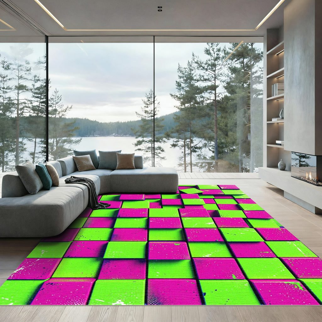 Neon Green and Magenta Pixel Grid Rug