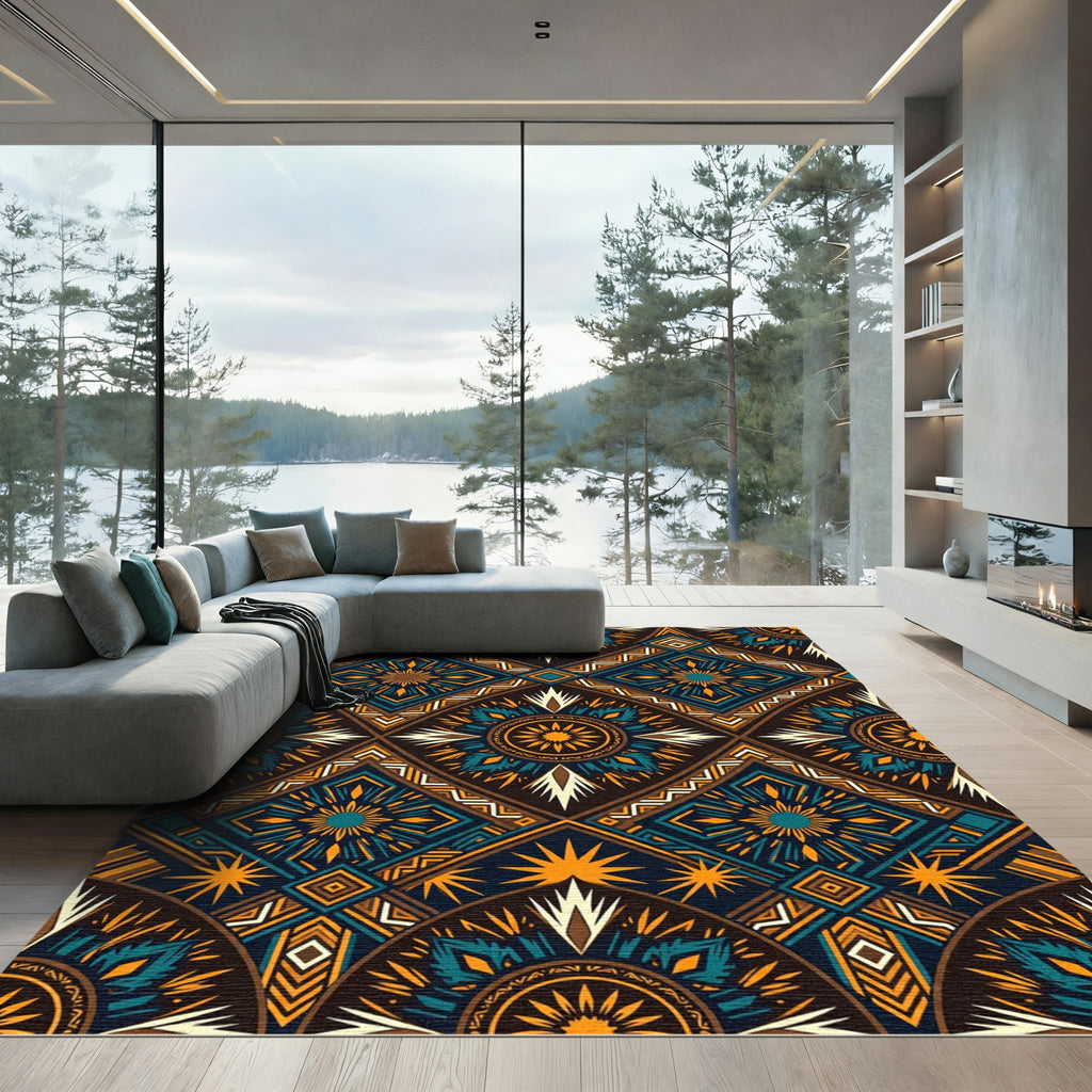 Midnight Teal Gold Geometric Sunburst Rug