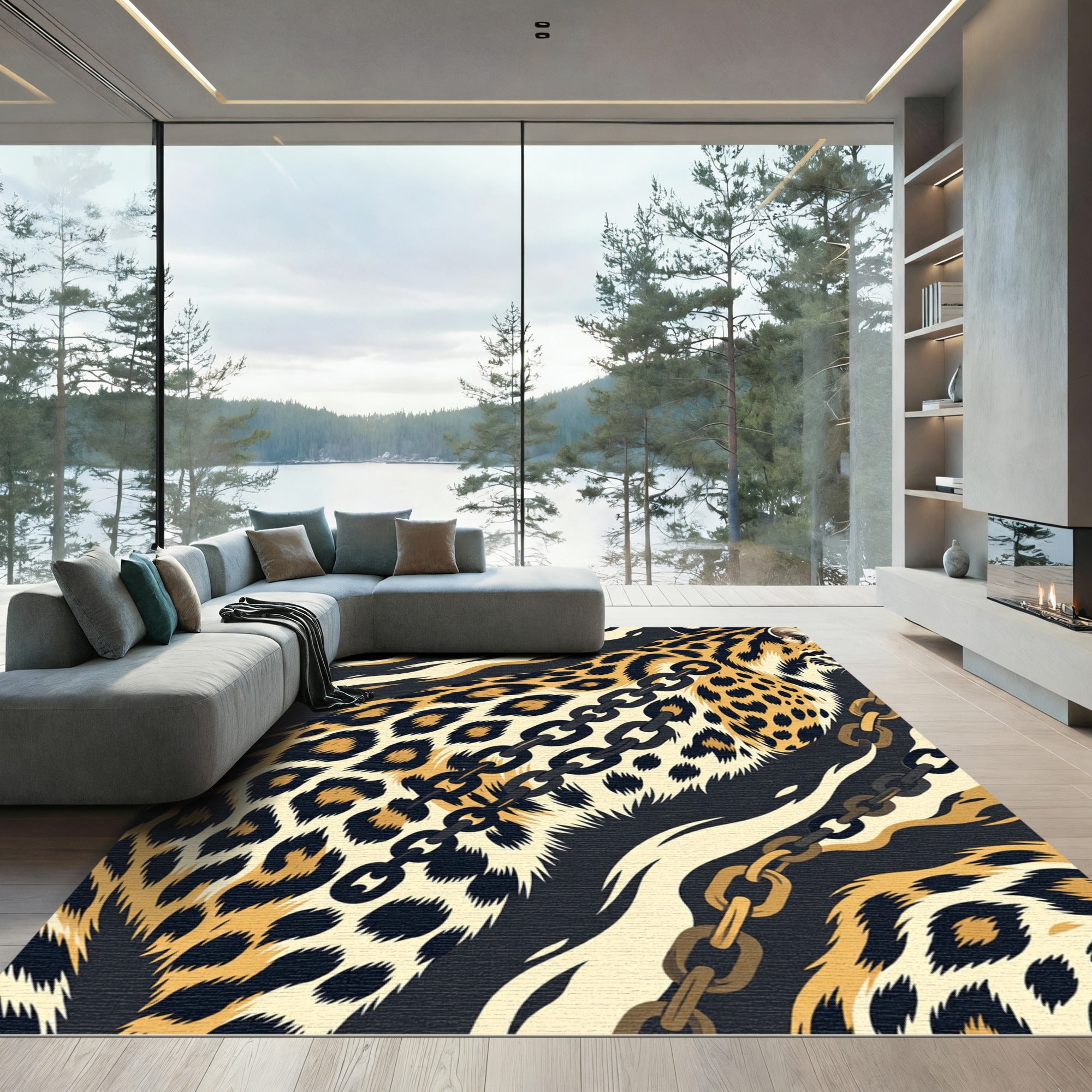 Bold Leopard Chain Link Animal Art Rug
