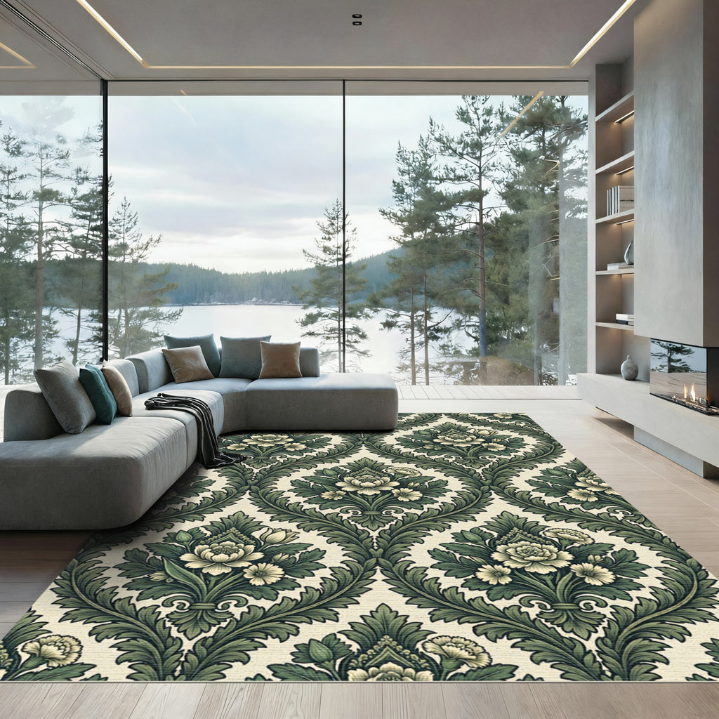 Sage Green Victorian Floral Damask Rug