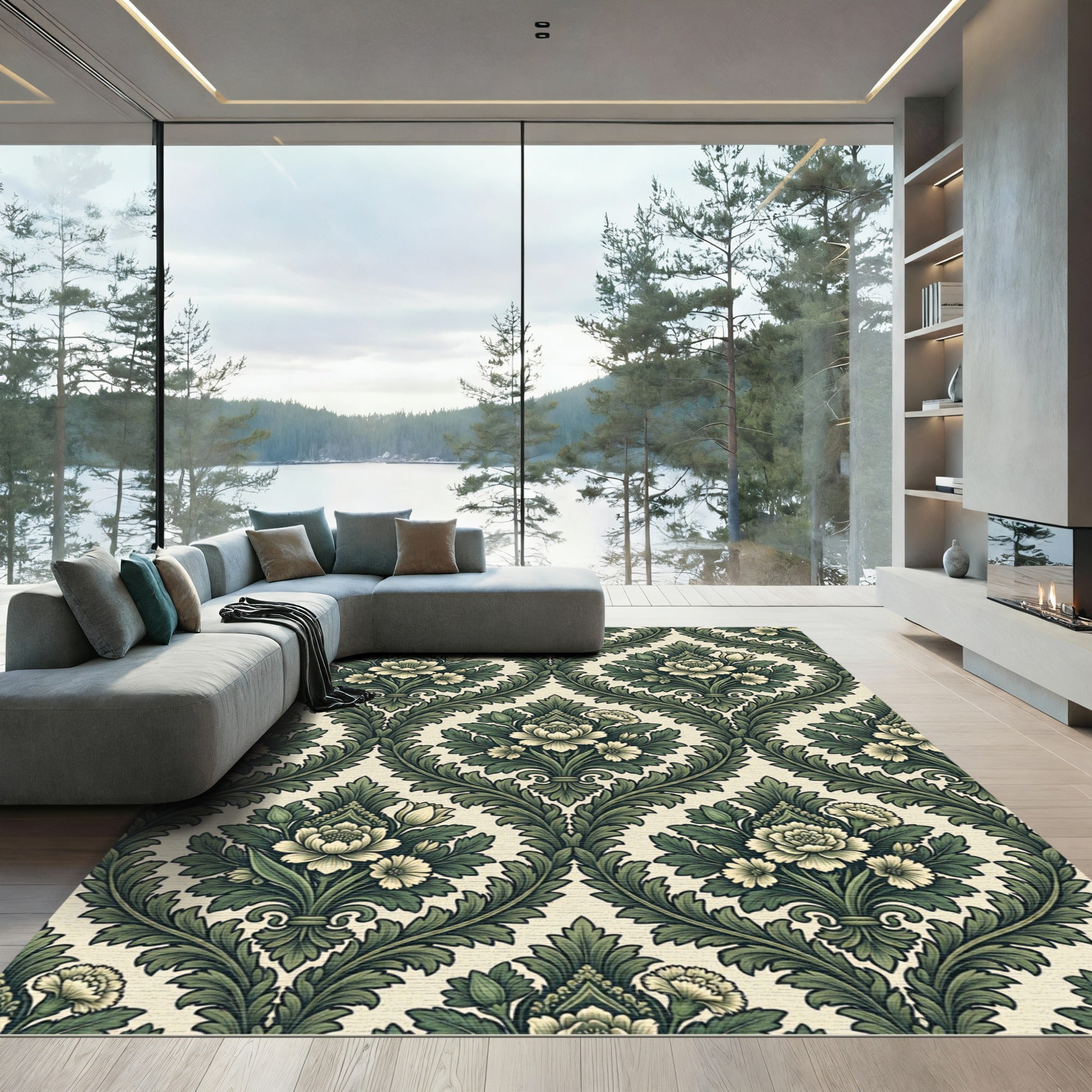 Sage Green Victorian Floral Damask Rug