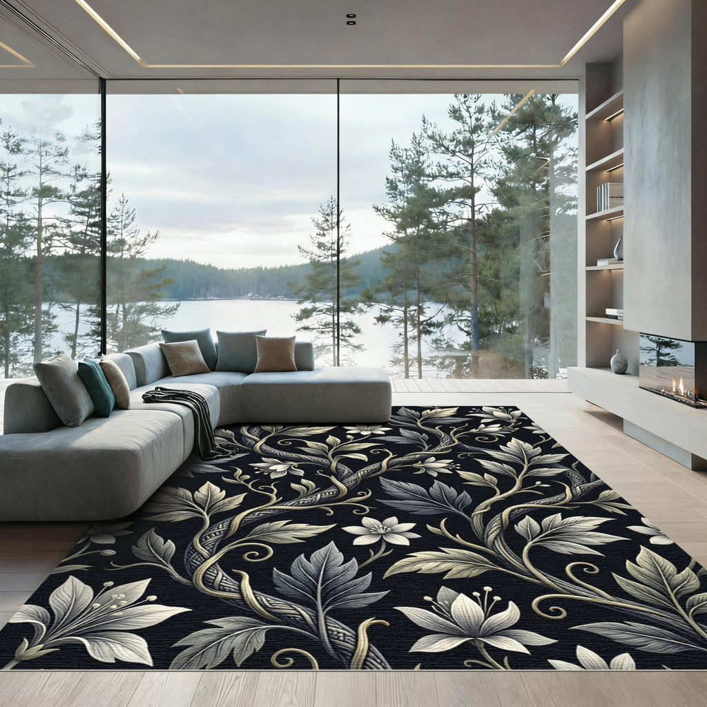 Rich Black Floral Vine Arrangement Rug