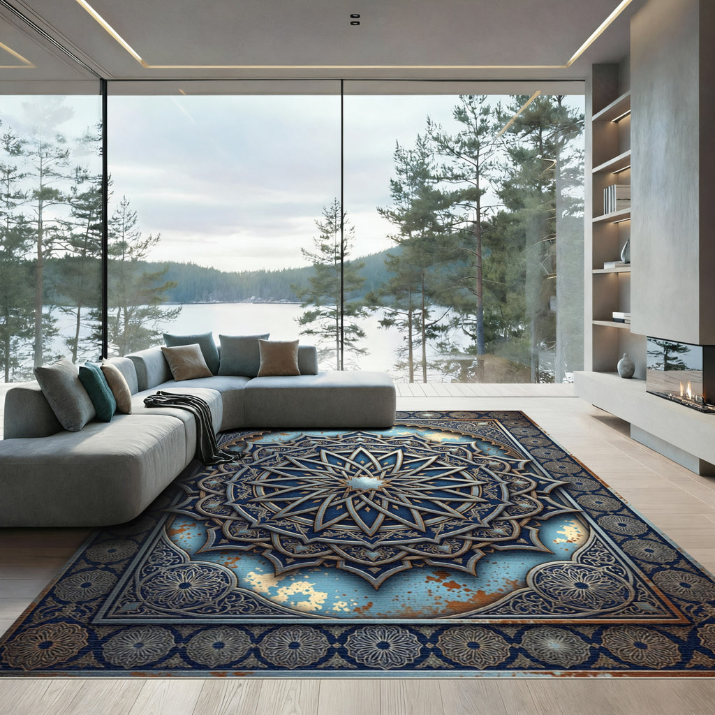 Ornate Azure Starburst Medallion Rug