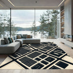 Modern Black and Cream Architectural Grid Rug