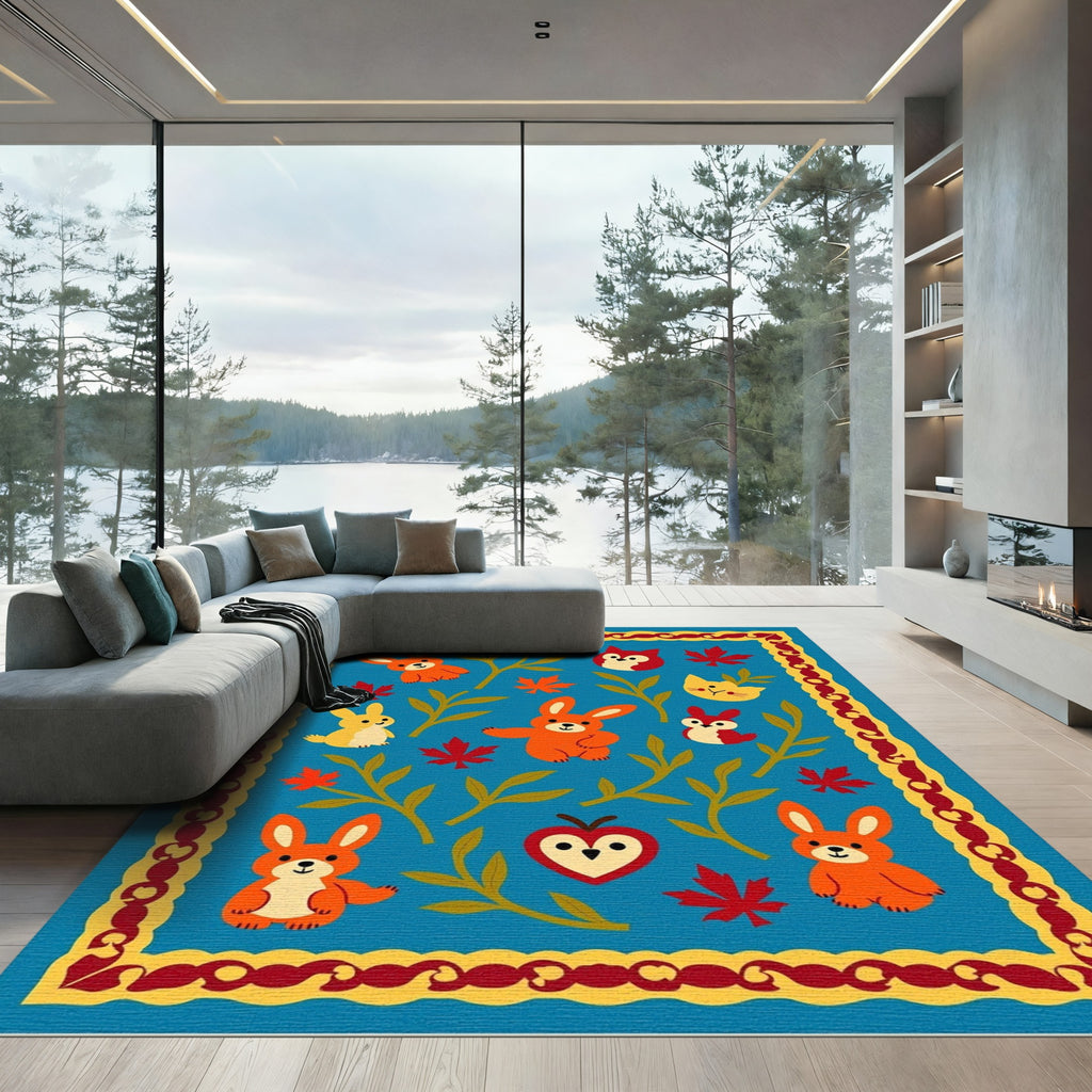 Whimsical Blue Autumn Woodland Critters Rug