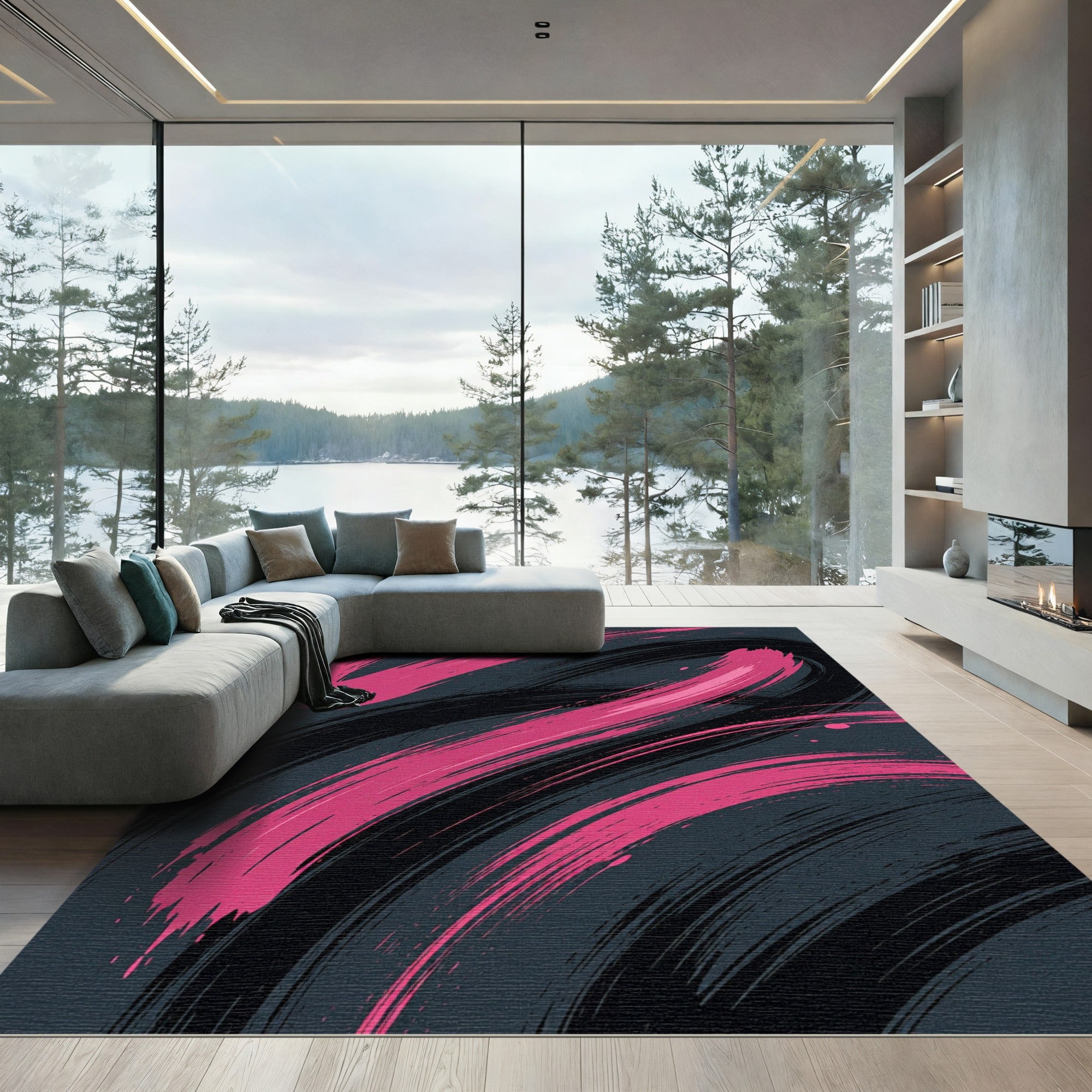 Bold Pink Abstract Charcoal Brushstroke Rug