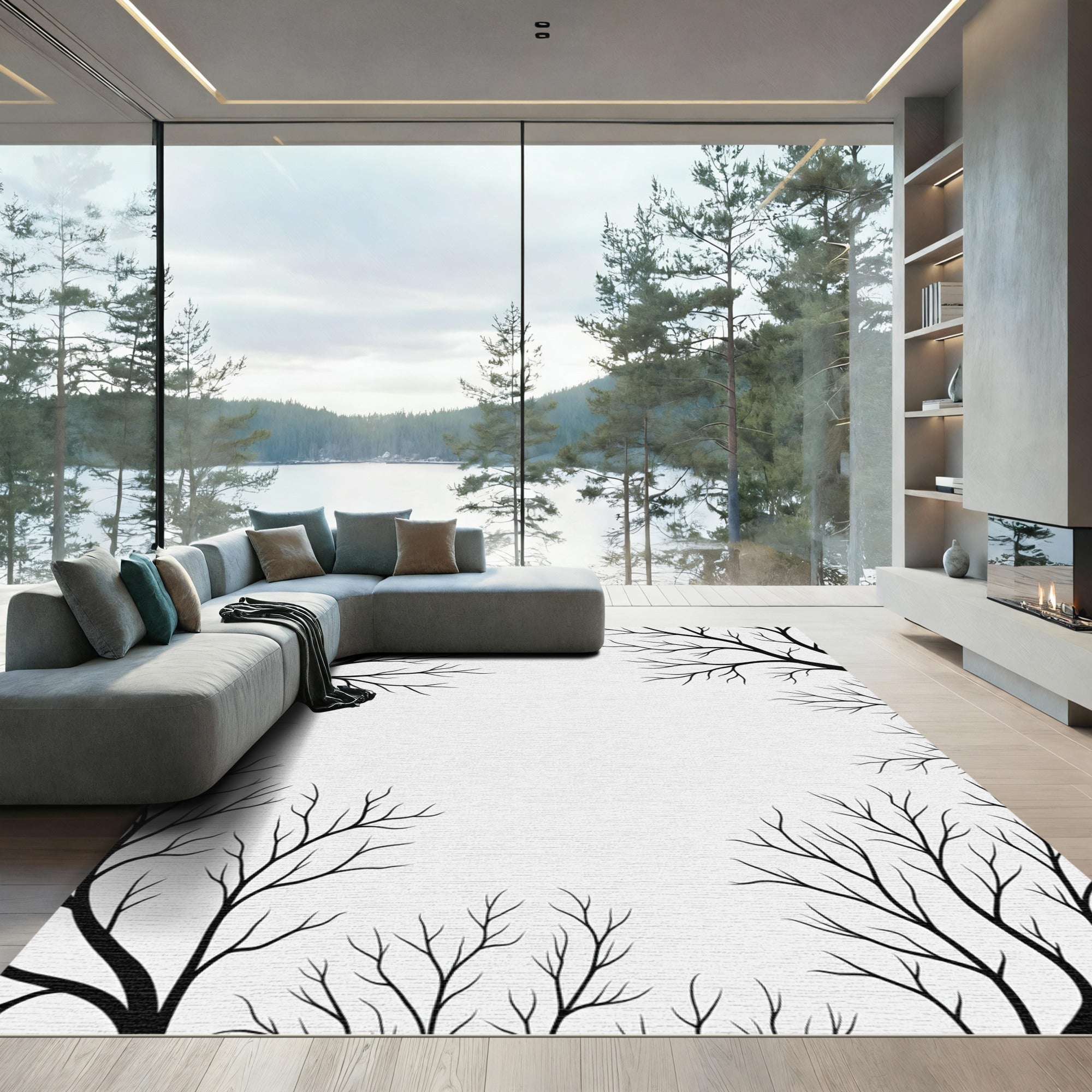 Black Bare Tree Branches Corner Accents Rug