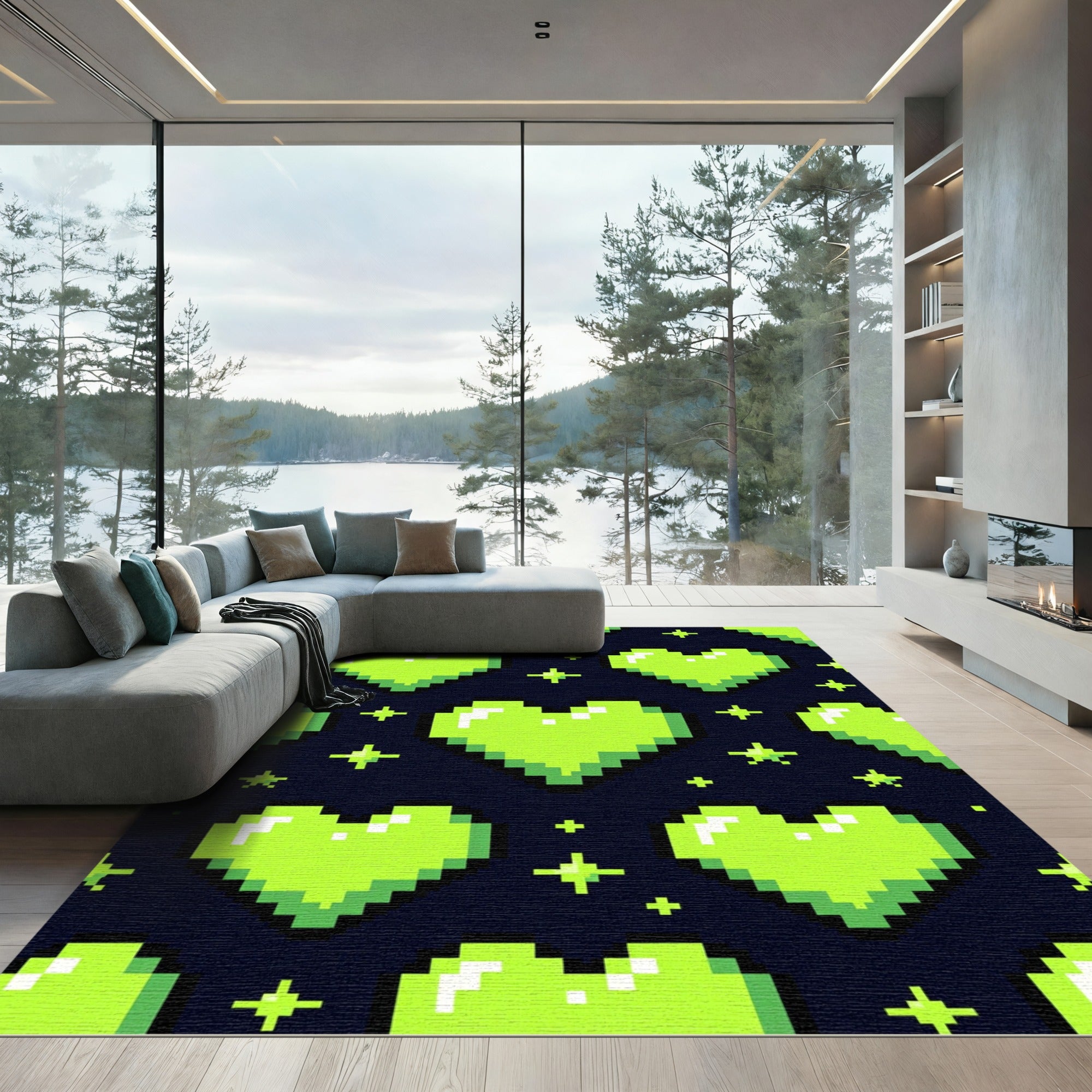 Neon Green Pixel Heart Sparkle Aesthetic Rug