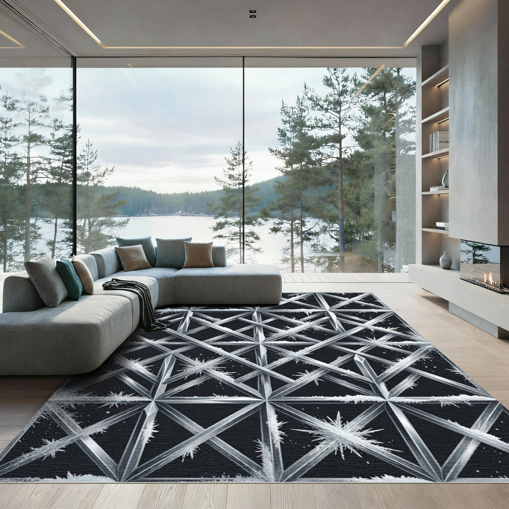 Frosted Geometric Metallic Silver Lattice Rug