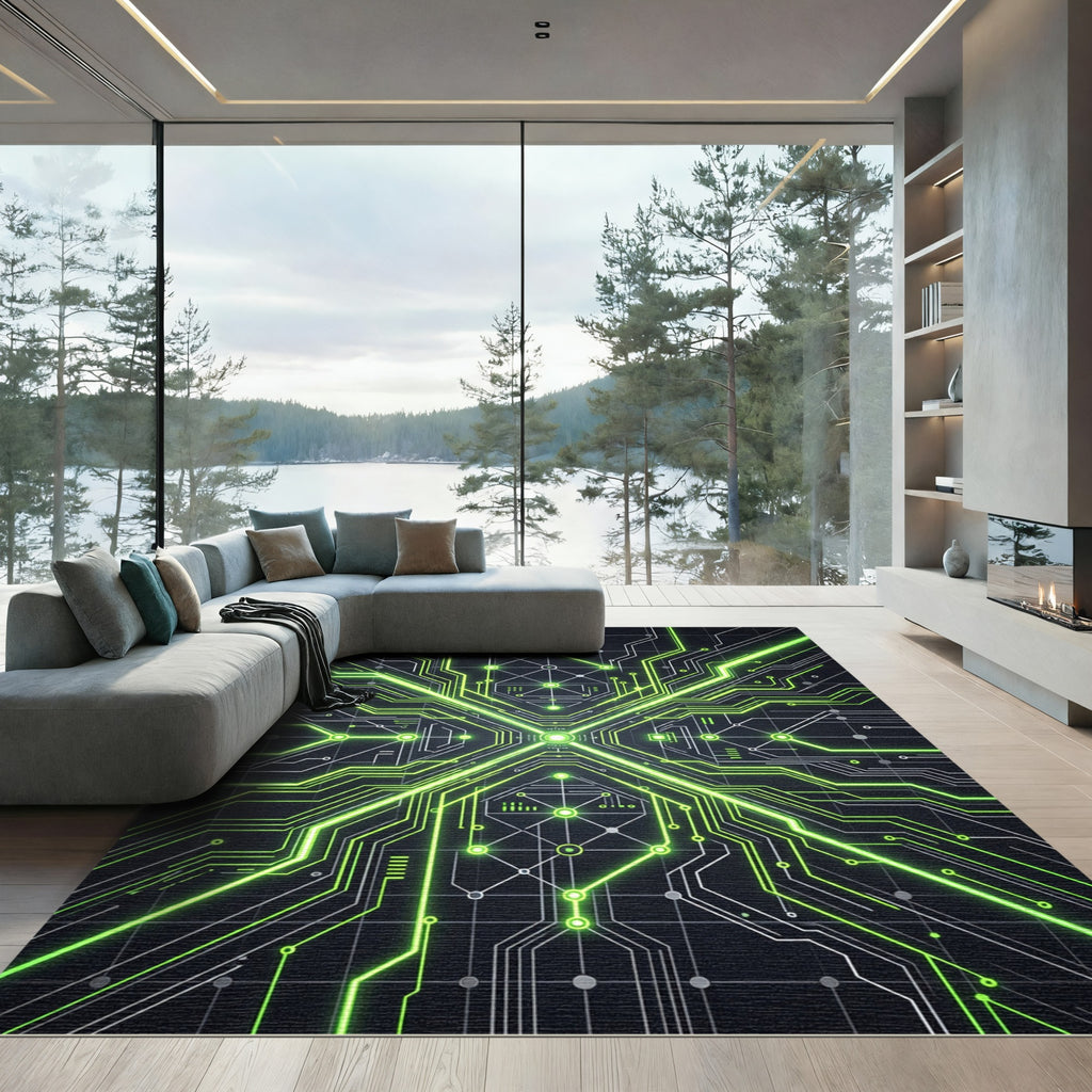 Neon Green Cyber Circuit Symmetry Rug
