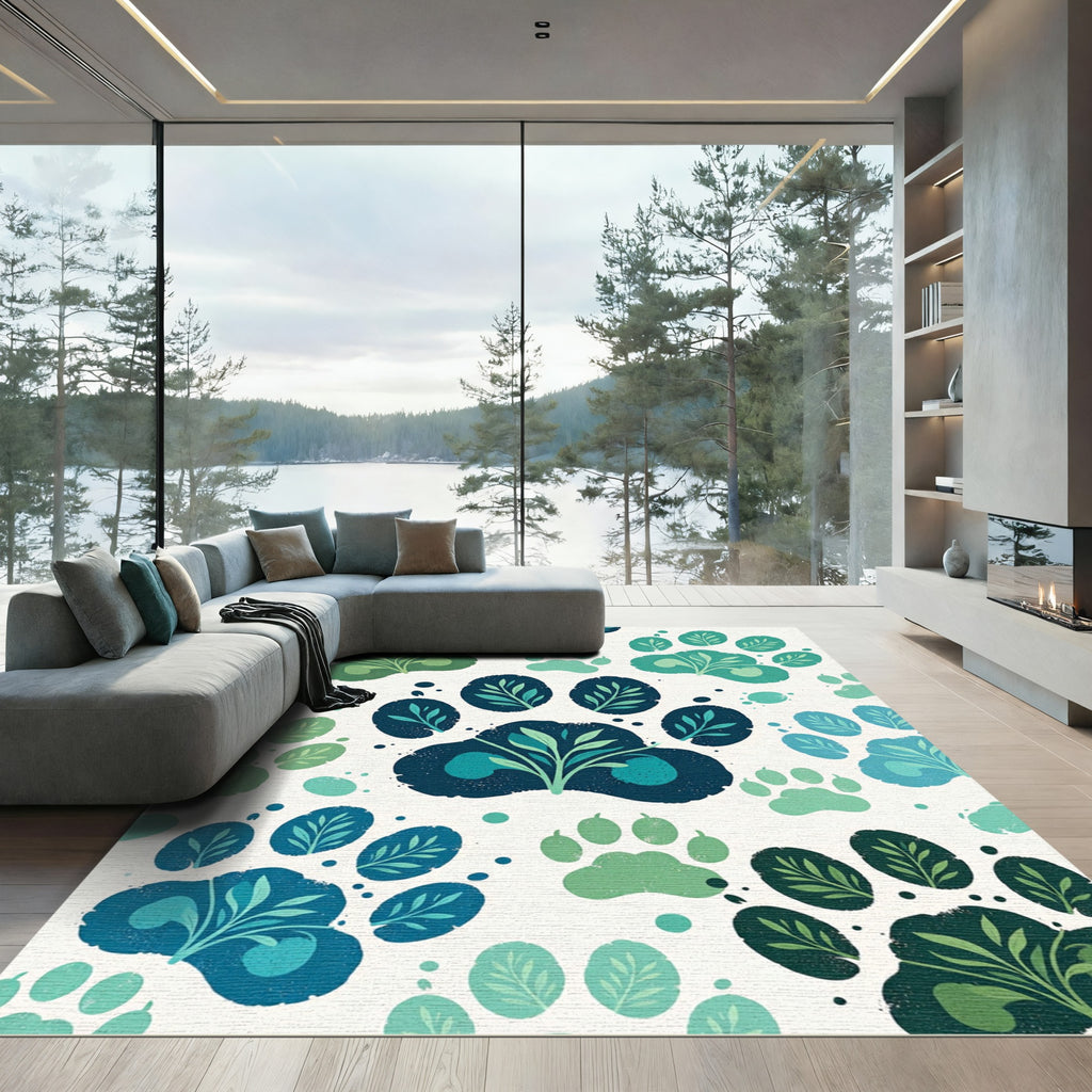 Green Teal Paw Print Botanical Composition Rug