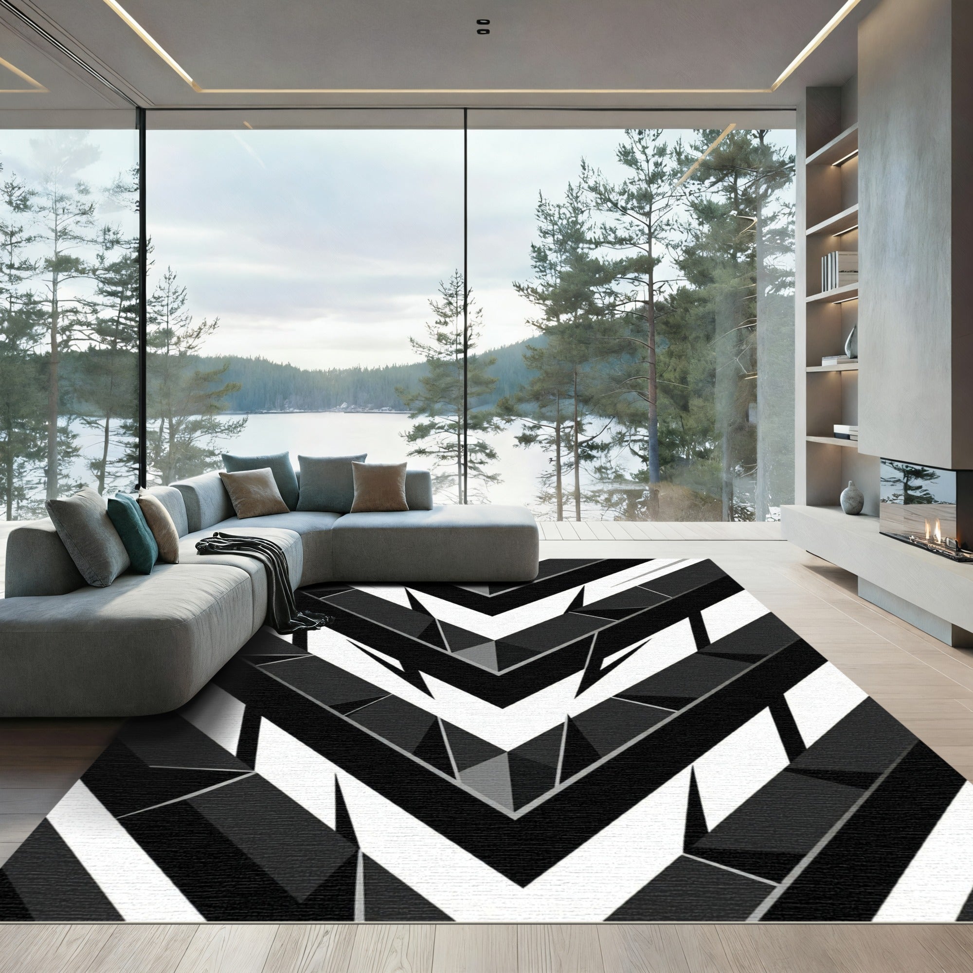 Monochrome Chevron Geometric Abstract Rug