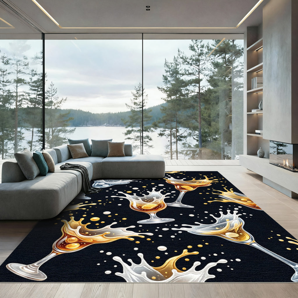 Dynamic Golden Cocktail Splashes Black Backdrop Rug