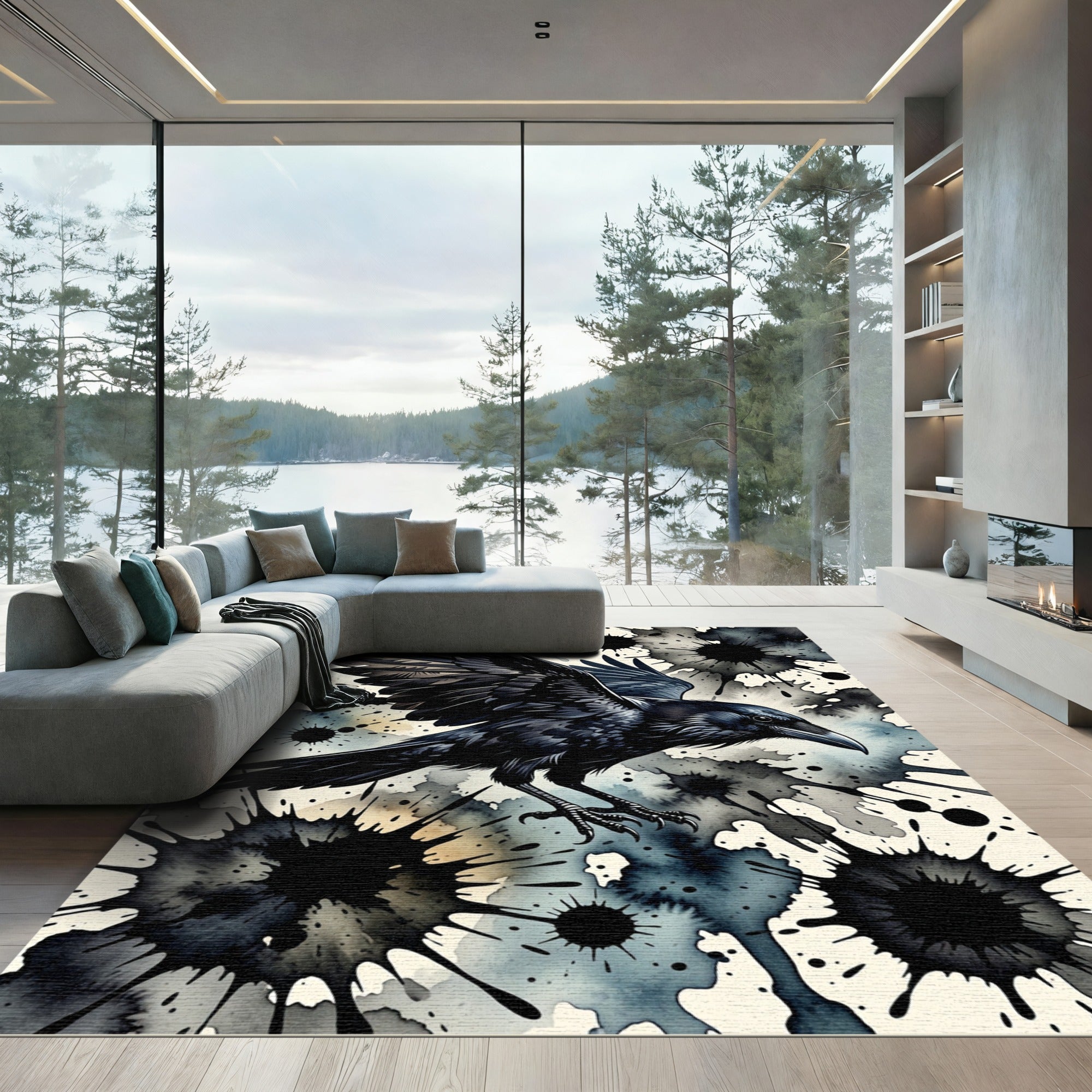 Dark Raven Watercolor Splatter Rug