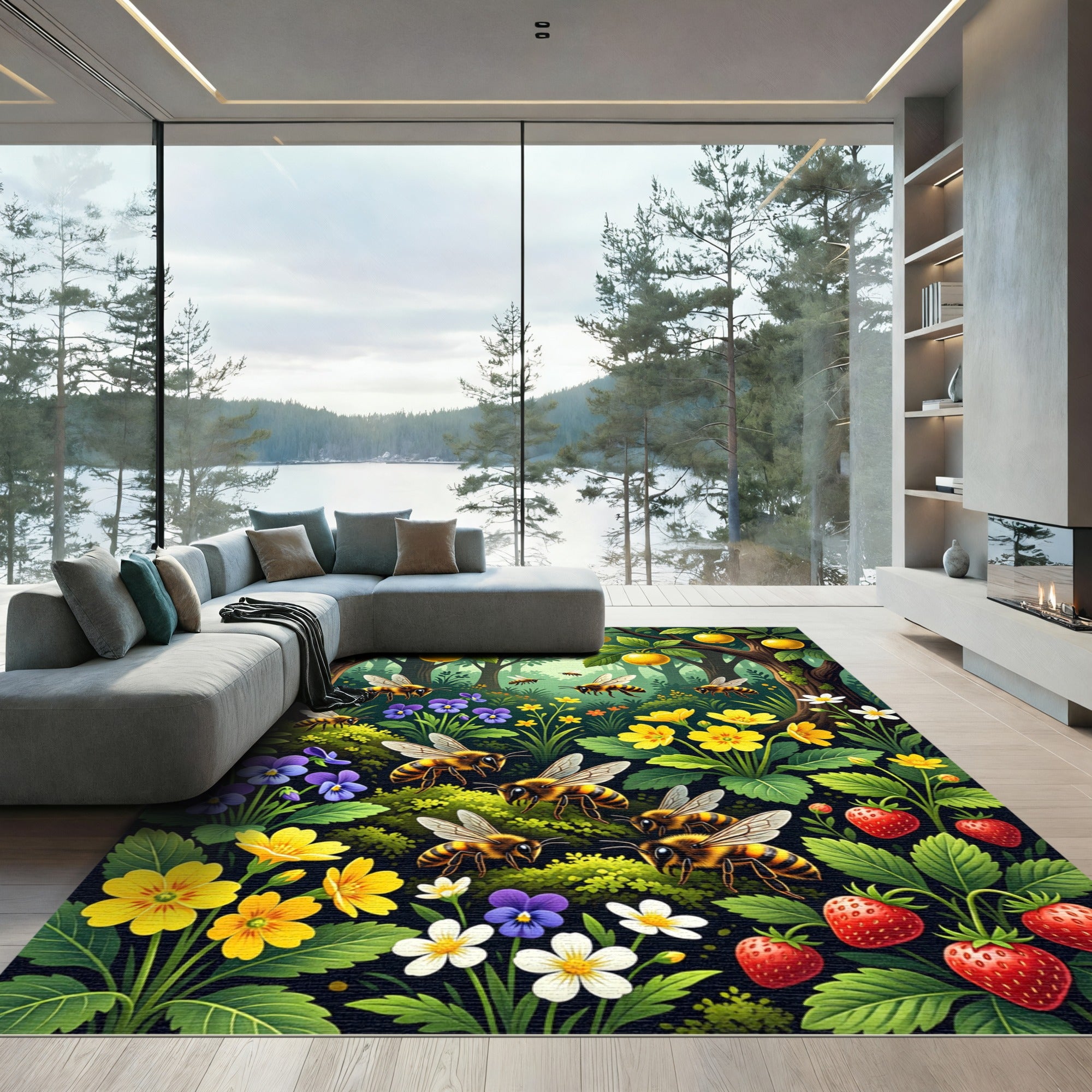 Whimsical Honeybee Garden Meadow Scene Rug