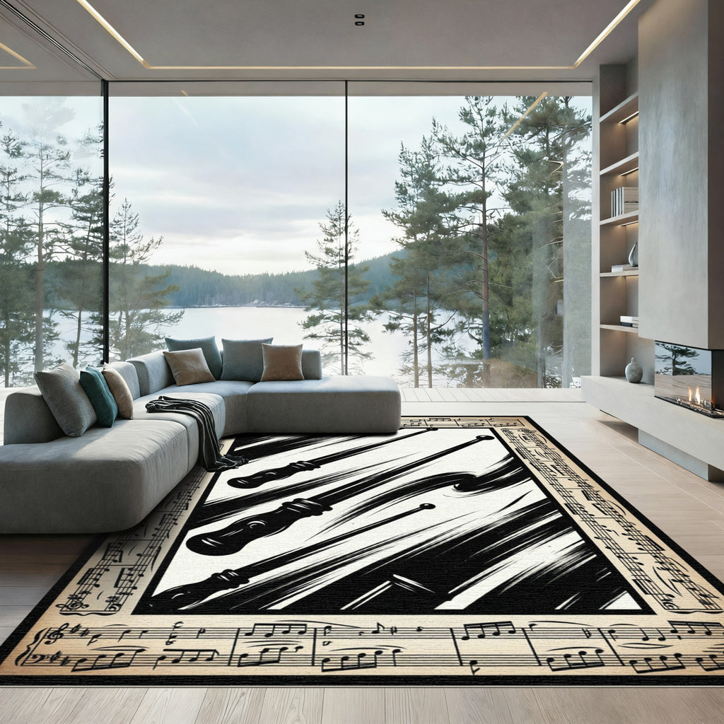 Monochrome Conducting Baton Musical Note Symphony Rug