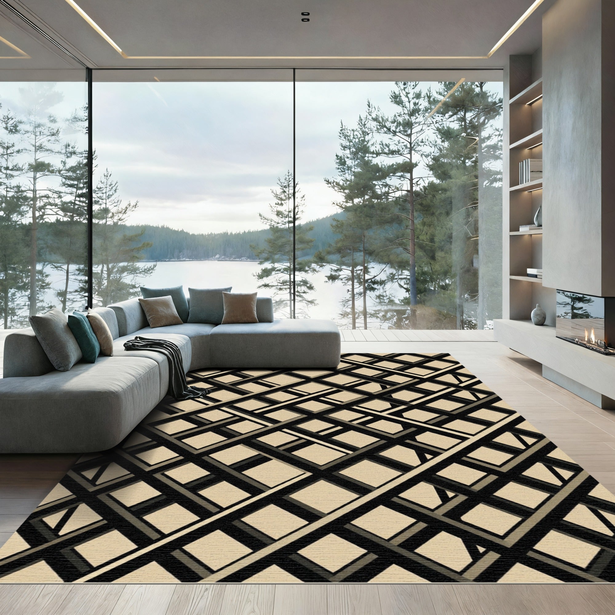 Sophisticated Beige Black Intersecting Grid Rug