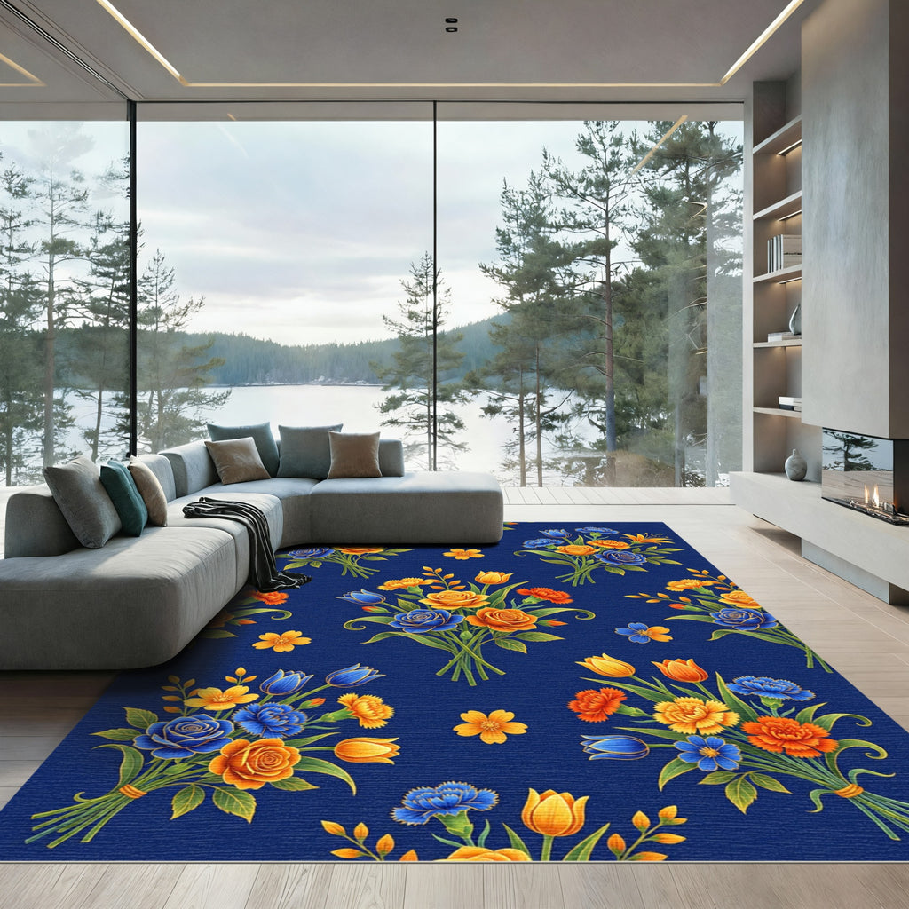 Vibrant Navy Floral Bouquet Golden Bloom Rug