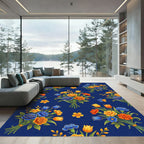 Vibrant Navy Floral Bouquet Golden Bloom Rug