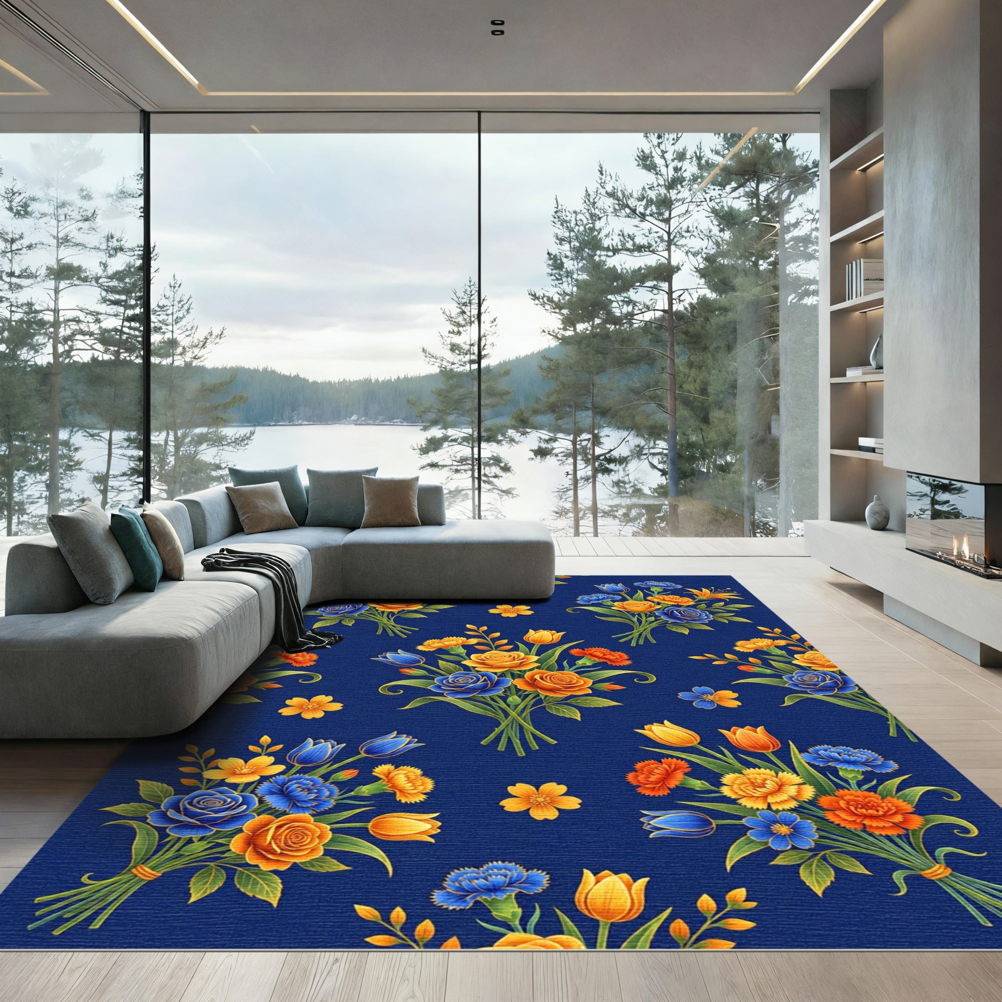 Vibrant Navy Floral Bouquet Golden Bloom Rug