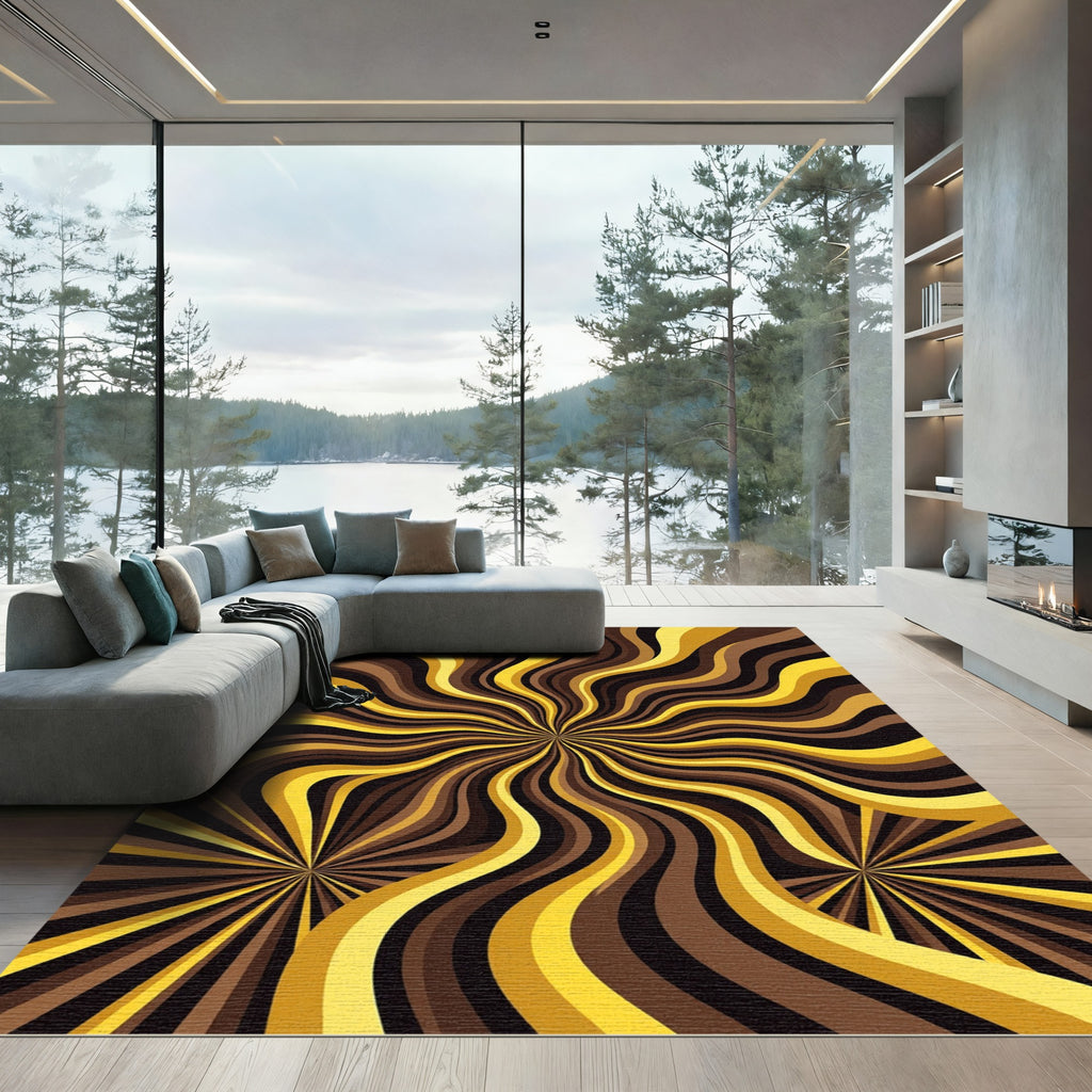 Golden Brown Swirling Rays Rug