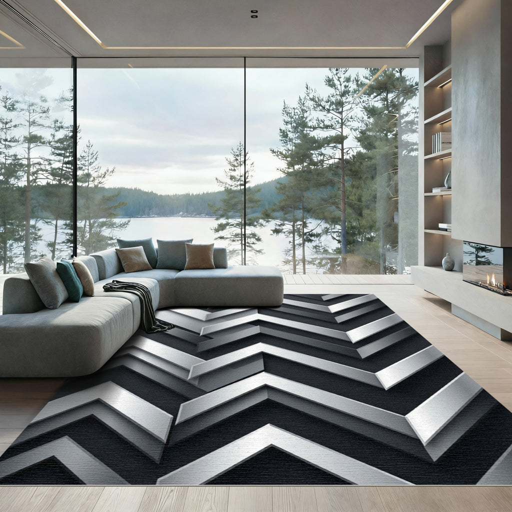 Metallic Silver Geometric Chevron Abstract Rug