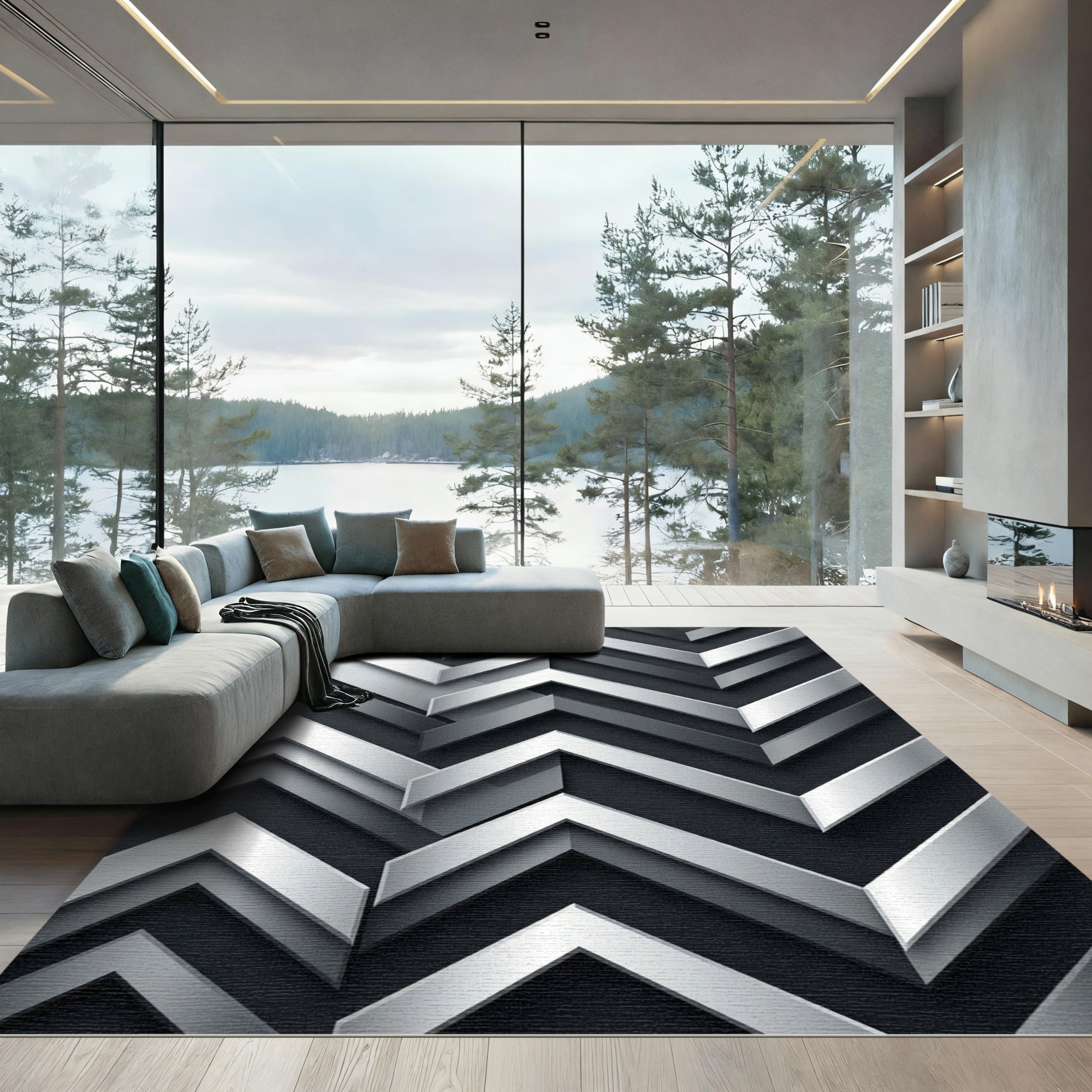 Metallic Silver Geometric Chevron Abstract Rug
