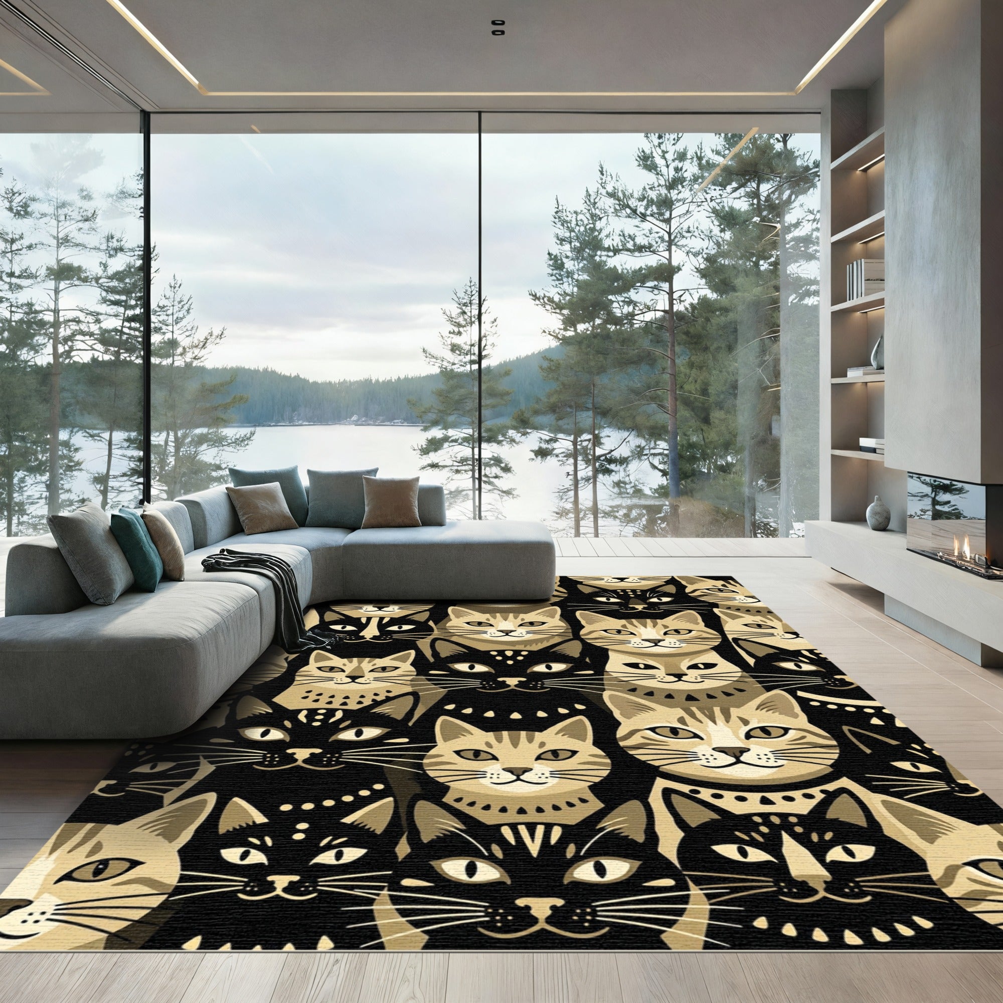 Modern Black and Golden Tabby Cats Rug