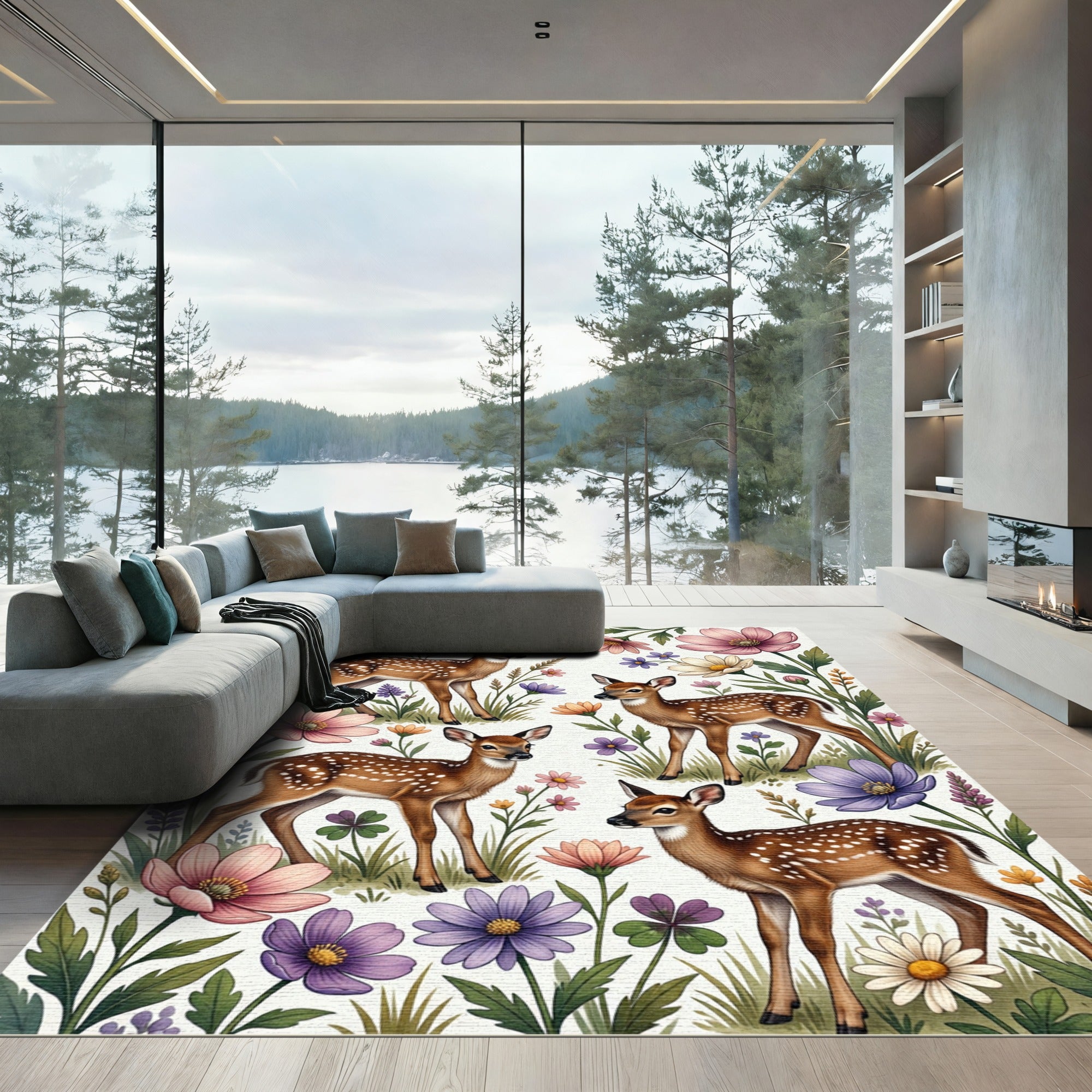Whimsical Fawn and Pastel Wildflower Garden Rug