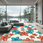 Tropical Plumeria Teal and Coral Floral Rug