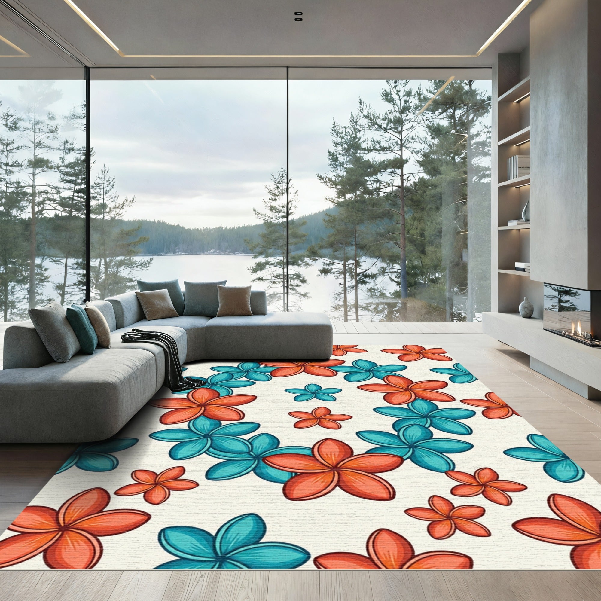 Tropical Plumeria Teal and Coral Floral Rug