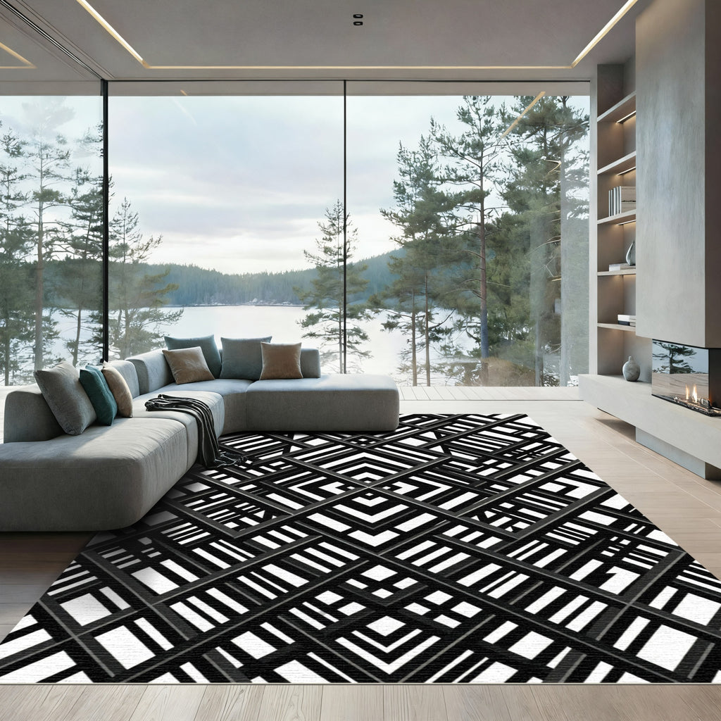 Black White Interlocking Grid Rug
