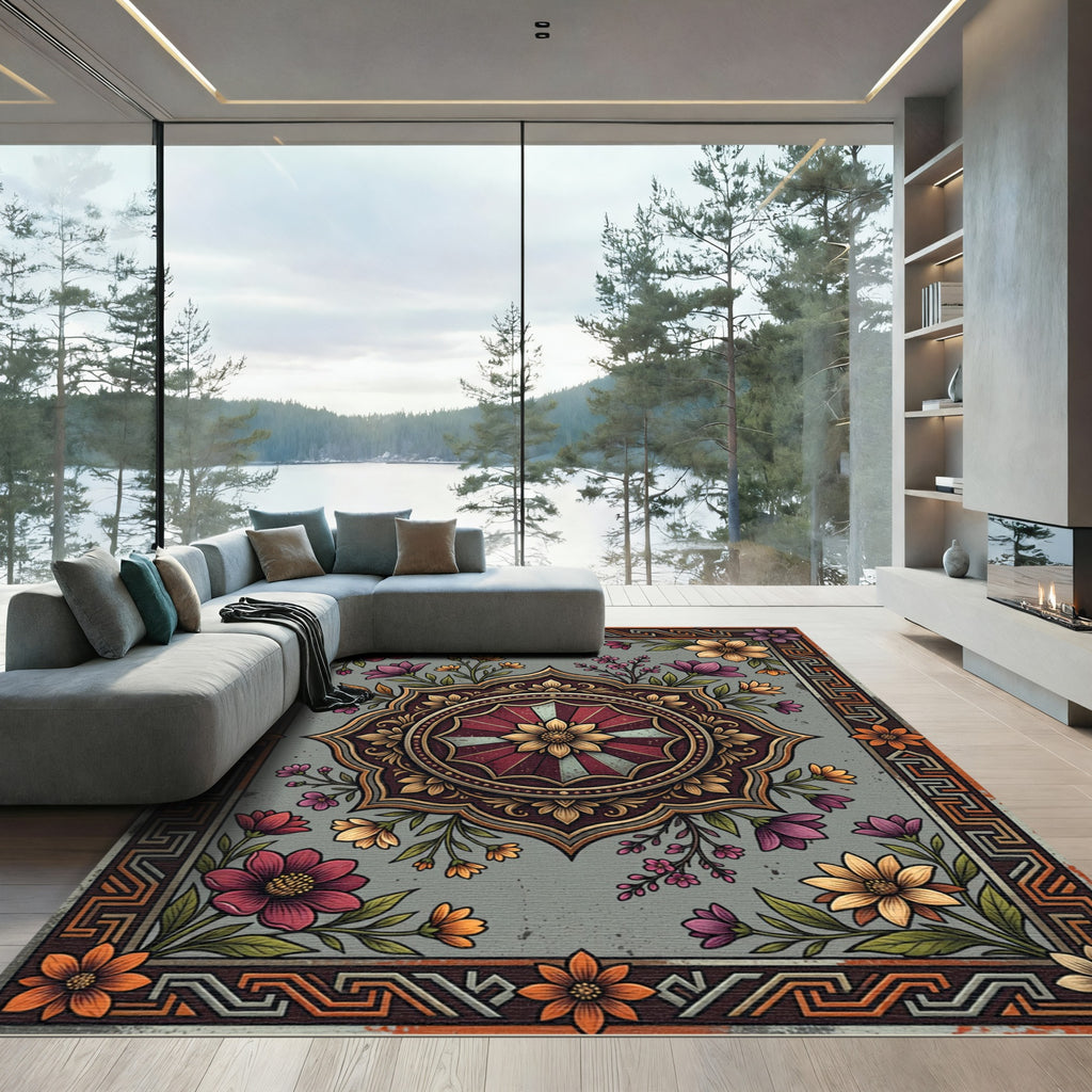 Vintage Floral Medallion Gray Boho Rug